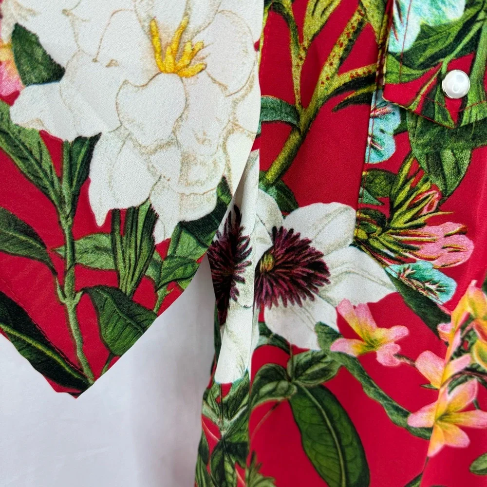 Sandrine Rose Red Hot Tropics Pearl Snap Button Down New Condition Medium